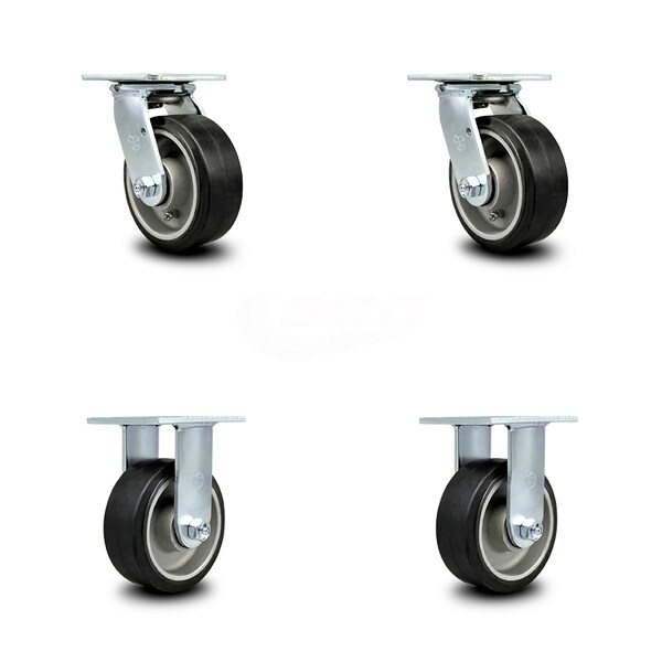 5 Inch Rubber on Aluminum Caster Set with Roller Bearings 2 Swivel 2 Rigid SCC